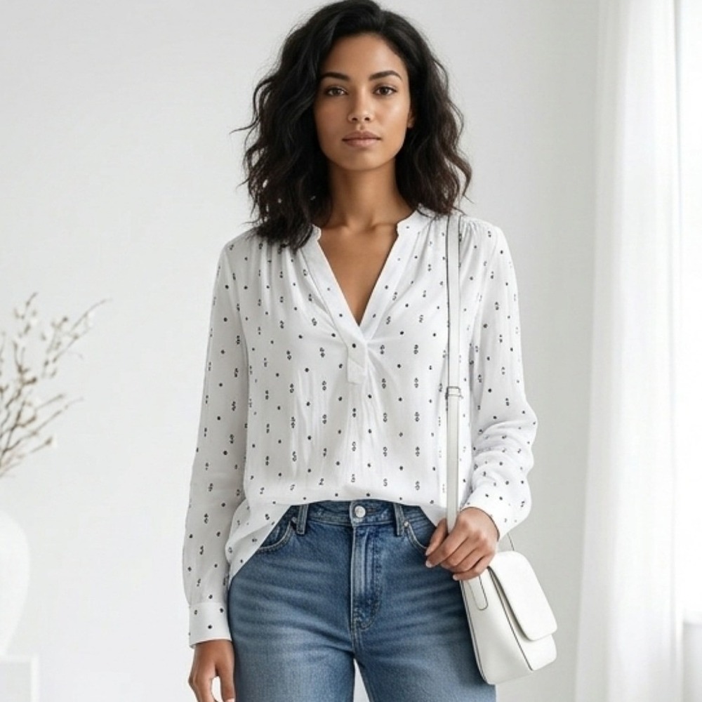 GAP Blouse Womens XL White Geometric Print V-Neck Long Sleeve High Low Top